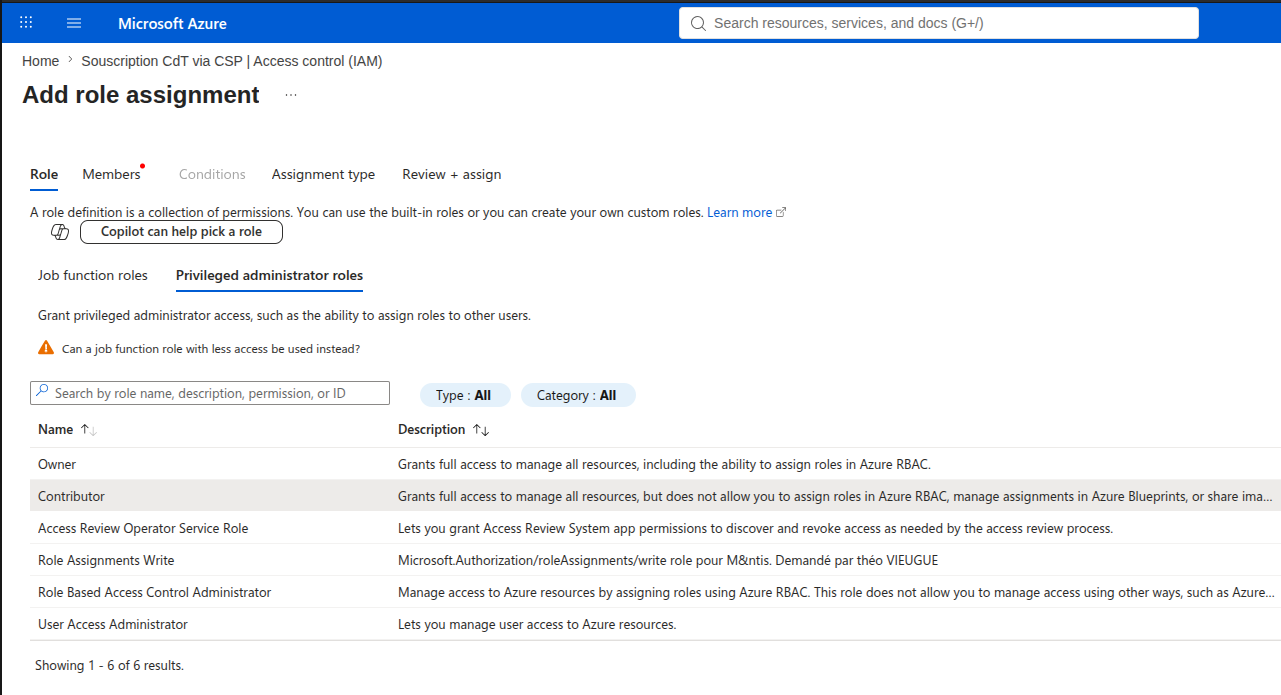 Selecting the Contributor role