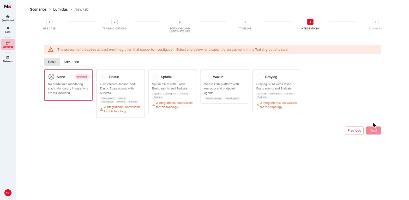 Integrations step with no SIEM selected