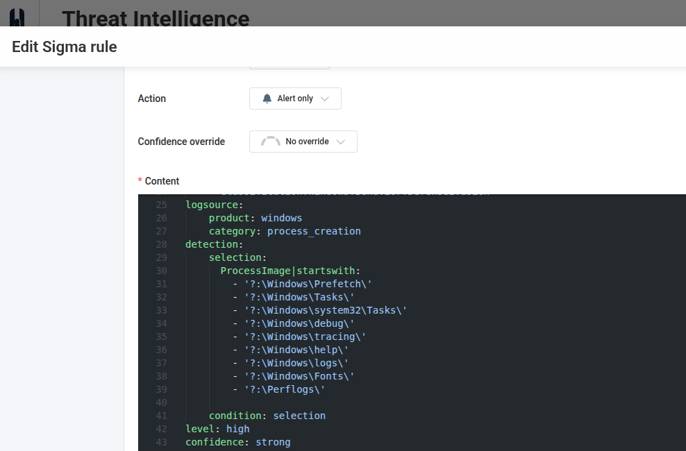 Editing a Sigma rule in the HarfangLab interface for suspicious process creation detection